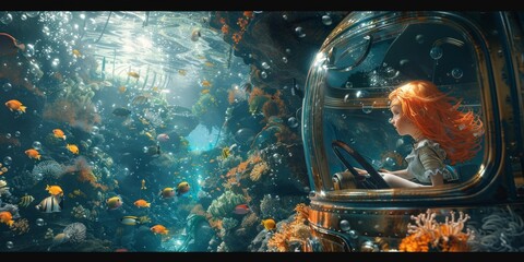 Surreal underwater car ride with orange-haired girl and fish
