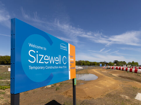 Signage at the entrance to the Sizewell C nuclear power station construction site on Lover's Lane. Sizewell, Suffolk. UK. May 4th 2024. 