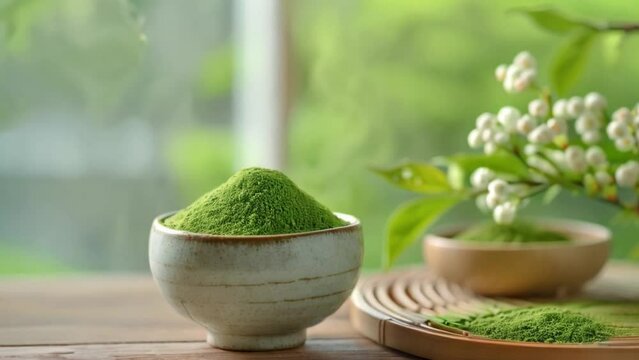 A cup of matcha green tea and matcha powder with a matcha green tea maker on a simple background.