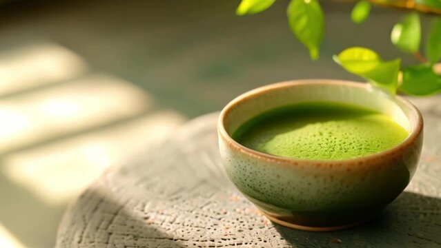 A cup of matcha green tea and matcha powder with a matcha green tea maker on a simple background.