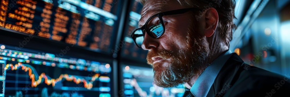 Poster Seasoned trader analyzing financial data on multiple monitors in a high-tech trading environment. Market trends and investment strategies concept.