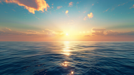 Fototapeta premium The sun is shining on the ocean, creating a beautiful and serene scene. The water is calm and the sky is clear, making for a perfect day to relax and enjoy the view