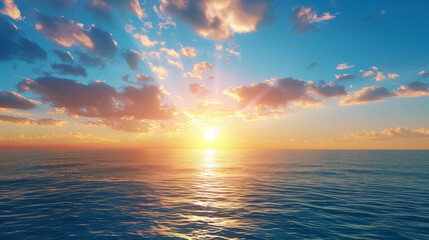 Fototapeta premium The sun is shining on the ocean, creating a beautiful and serene scene. The water is calm and the sky is clear, making for a perfect day to relax and enjoy the view