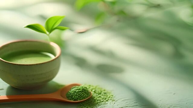 A cup of matcha green tea and matcha powder with a matcha green tea maker on a simple background.