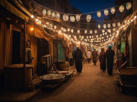 Nighttime Residential Street in Islamic CityscapeTraditional Buildings at Night