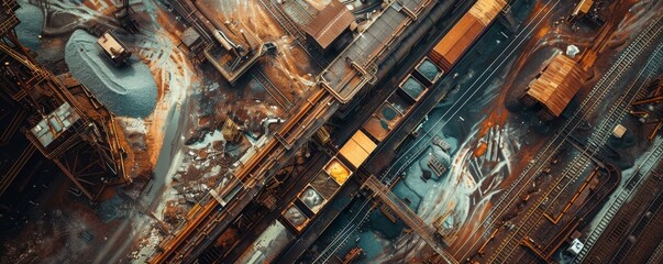 Capturing the essence of industrial power, a birds-eye view showcases a sprawling steelworks with trains transporting materials.