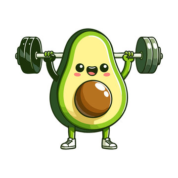 cute icon character avocado lifting barbell weights