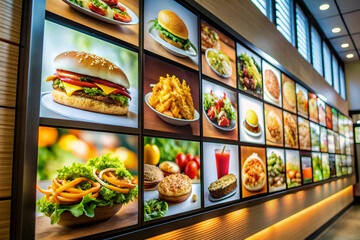 Close-up of a High-Resolution Digital Menu Board at a Fast-Food Restaurant, with Vibrant Images of Food