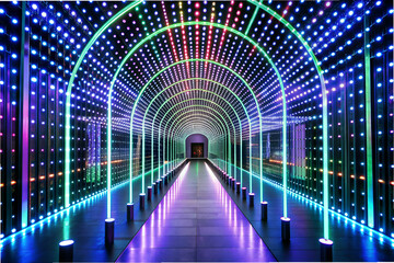 Artistic Rendering of a Series of LED Lights Forming a Path Leading to a Virtual Reality Shopping Experience Booth