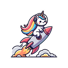 cute icon character unicorn riding space rocket