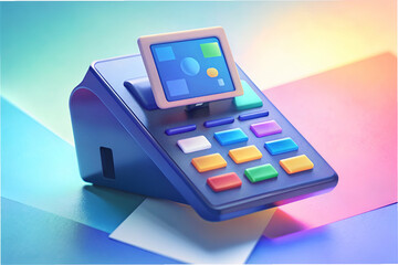 Close-up of a New Generation POS System with Facial Recognition Technology, Set Against a Backdrop of Multi-Colored Credit Cards