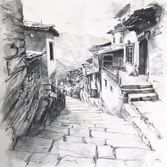 narrow street or street sketch, AI Generated.