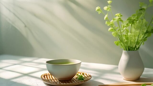 A cup of matcha green tea and matcha powder with a matcha green tea maker on a simple background.