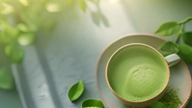 A cup of matcha green tea and matcha powder with a matcha green tea maker on a simple background.