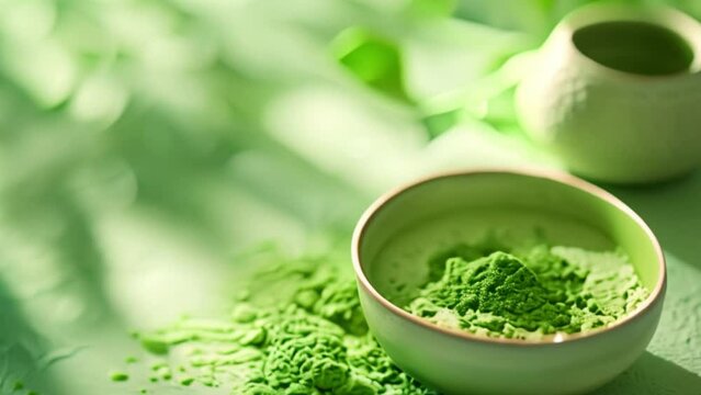 A cup of matcha green tea and matcha powder with a matcha green tea maker on a simple background.