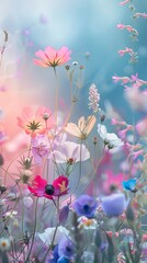 A variety of colorful flowers, an abstract nature backdrop with a pastel gradient sky. Concept of International Women's Day