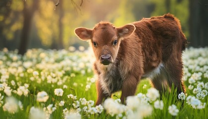 Tranquil Grazing: A Brown Calf's Peaceful Day in the Meadow