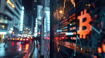 Dynamic Bitcoin representation on urban digital billboard at night. Cryptocurrency influence in modern cities