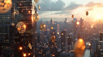 Bitcoin rain over cityscape at sunset. Concept of cryptocurrency proliferation and impact on global finance