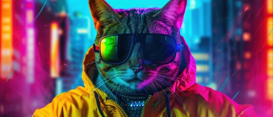 Cat cyberpunk posing as hip hop superstar, with futuristic cityscape as background