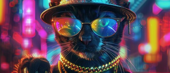 Cool cat with glasses, futuristic city view background