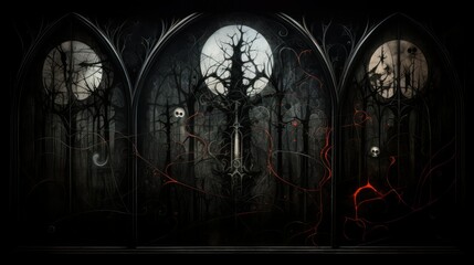 Abstract surreal mix of interior of gothic archway and black bare trees.