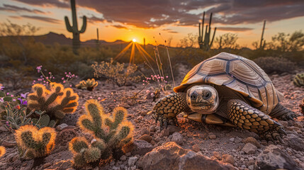 A Desert Tortoise Amid Cacti