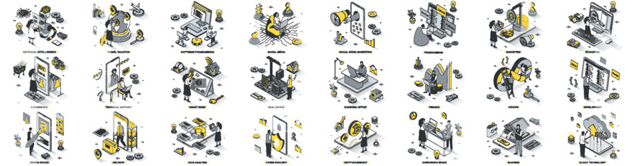 Mega set of isometric concepts. Contains such isometry Business, Commerce, Marketing, Banking, Development, Travel, DevOps, Cloud Computing, Social Media and more. Bundle vector illustrations.