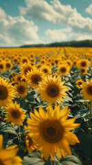 studio shot of Fields of vibrant yellow sunflowers stretching to the horizon, realistic travel photography, copy space for writing