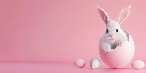 Rabbit in Easter egg shell on bright pink background,Copy Space. Space for text,Generative AI.明るいピンク色の背景にイースターエッグの殻に入ってるウサギ,コピースペース。テキスト用スペース,Generative AI。