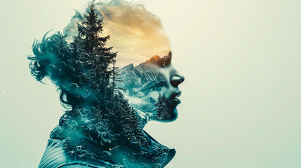 Double exposure effect with woman silhouette and snowy winter landscape on background with copy space