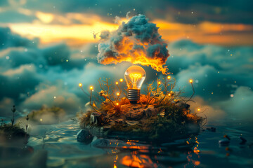 glowing lightbulb under a cloud, fantasy illustration, concept of idea, creativity and innovation