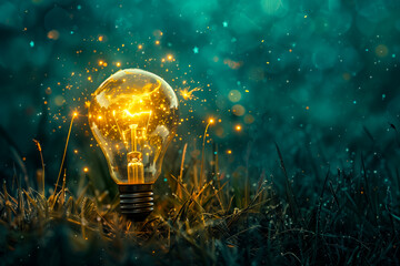 Glowing lightbulb in grass on dark, green blurred background. Idea, creativity, and innovation concept	