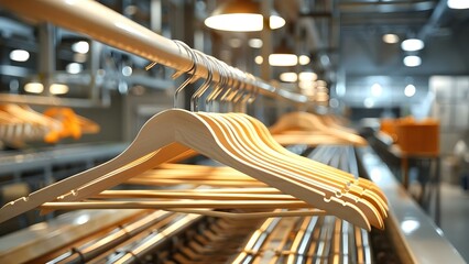 Clothes hangers moving along a conveyor belt in a dry cleaning facility. Concept Dry Cleaning Facility, Conveyor Belt, Clothes Hangers, Industrial Machinery, Textile Cleaning