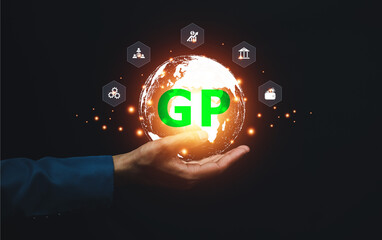 Businessman holding world global of business in green product management for life of human in future. Business green product concept.