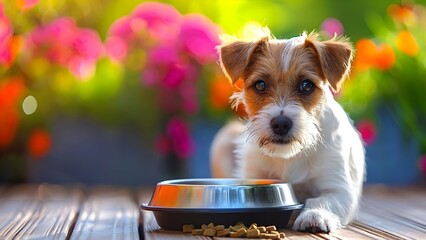 Eager dog anticipating food by a wooden bowl. Concept Pets, Dogs, Anticipation, Food, Wooden Bowl