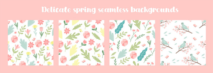 Delicate spring floral background set. Vector floral seamless pattern collection with flowers and leaves.