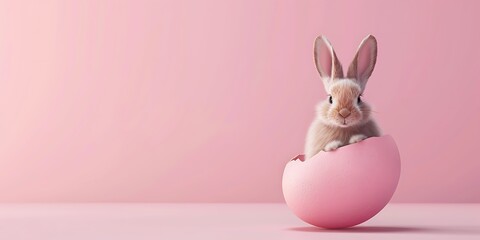 Rabbit in Easter egg shell on bright pink background,Copy Space. Space for text,Generative AI.明るいピンク色の背景にイースターエッグの殻に入ってるウサギ,コピースペース。テキスト用スペース,Generative AI。