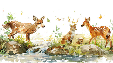 Aquarelle painting of three deers standing near the river.