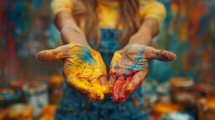 A close-up image focuses on the hand of a young child, adorned with colorful paint strokes, illustrating their joyous engagement in artistic expression.