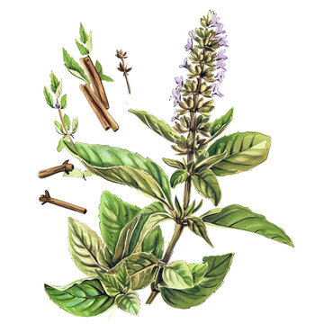 An illustration of a green leafy plant with pink flowers.