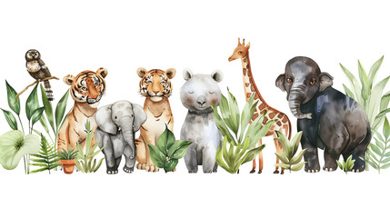 Cute cartoon animals in the jungle, perfect for kids room decor.