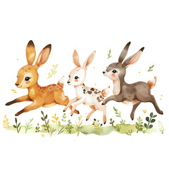 Cute cartoon rabbits run through a flowery field.