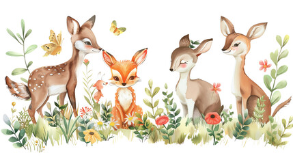 Cute watercolor woodland animals. Deer, fox and hares in the forest.