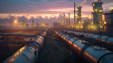 Dramatic sunrise over a sprawling oil refinery, emphasizing industrial strength and energy.