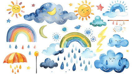 Cute weather elements. Sun, rain, clouds, rainbows and lightning.
