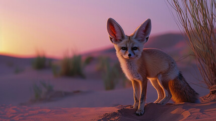 A fennec fox standing alert on a small dune