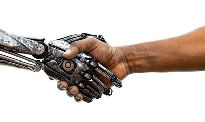 Human and robot handshake on a white background. The introduction of technologies.