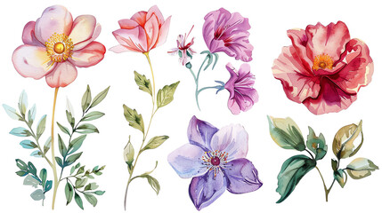 Set of watercolor flowers. Pink, lilac and purple flowers with green leaves isolated on transparent background.