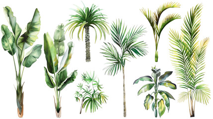 Set of watercolor hand drawn tropical palm leaves. Green leaf of palm tree isolated on white background. Botanical illustration.